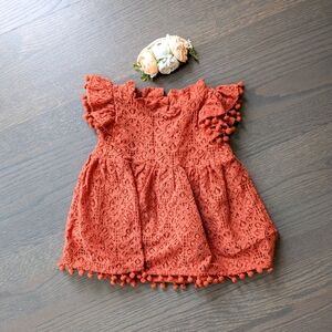 Baby Girls Lace Pom Pom Dress with Floral Headband, Rust, 6M